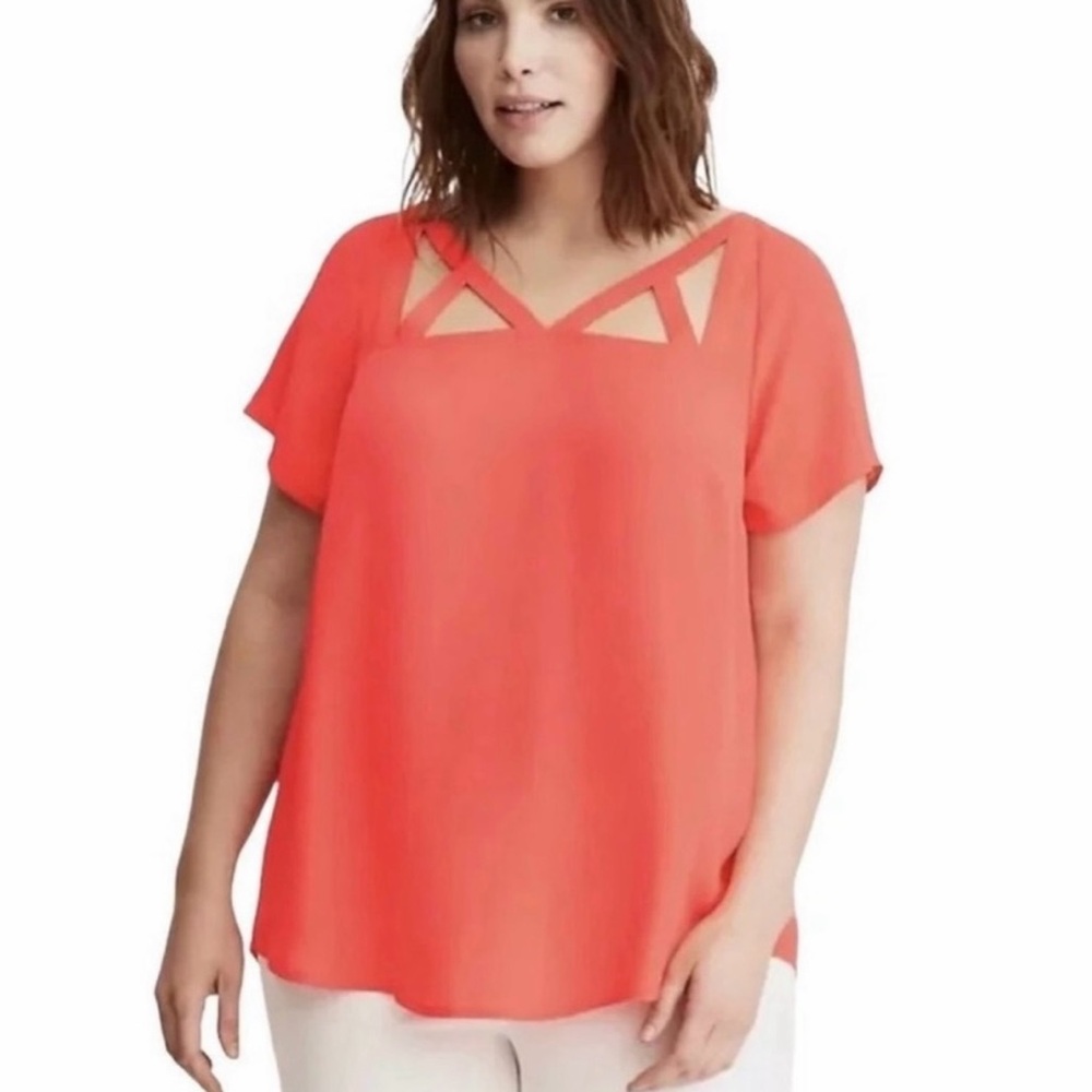 Torrid Orange Coral Short Sleeve Georgette Cage Front Cut Out Top Blouse Sz 4X 4